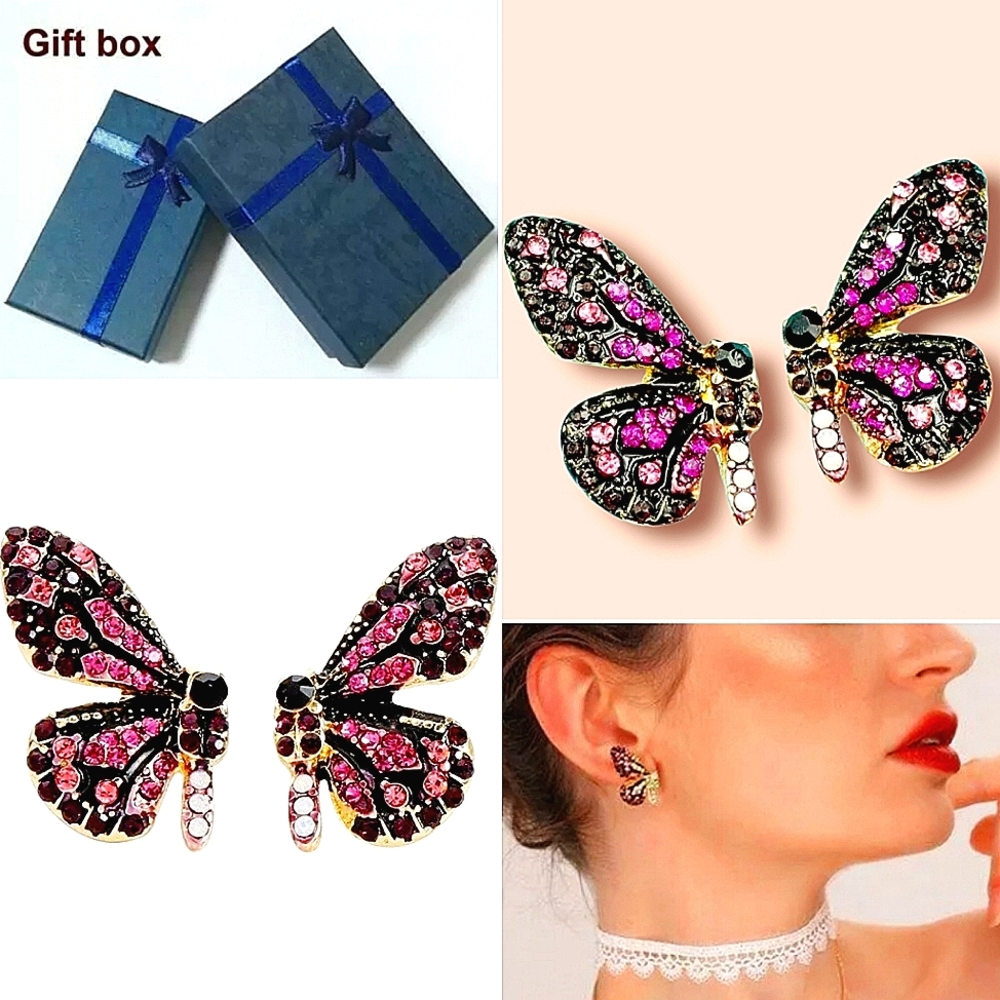 Gold plated black pink purple white crystal butterfly earrings with silver post